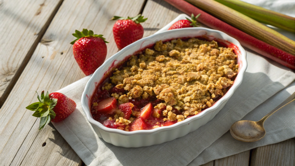 Featured image of Easy Strawberry Rhubarb Crisp served on a rustic wooden table.