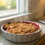 Finished homemade Easy Strawberry Rhubarb Crisp cooling on a kitchen counter.