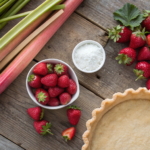 Ingredients for easy strawberry rhubarb pie including strawberries, rhubarb, sugar, and pie crust.