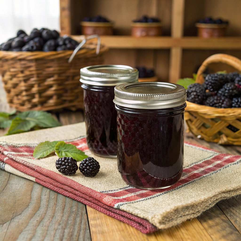Jarred homemade blackberry jelly and jam recipe with fresh berries and rustic backdrop