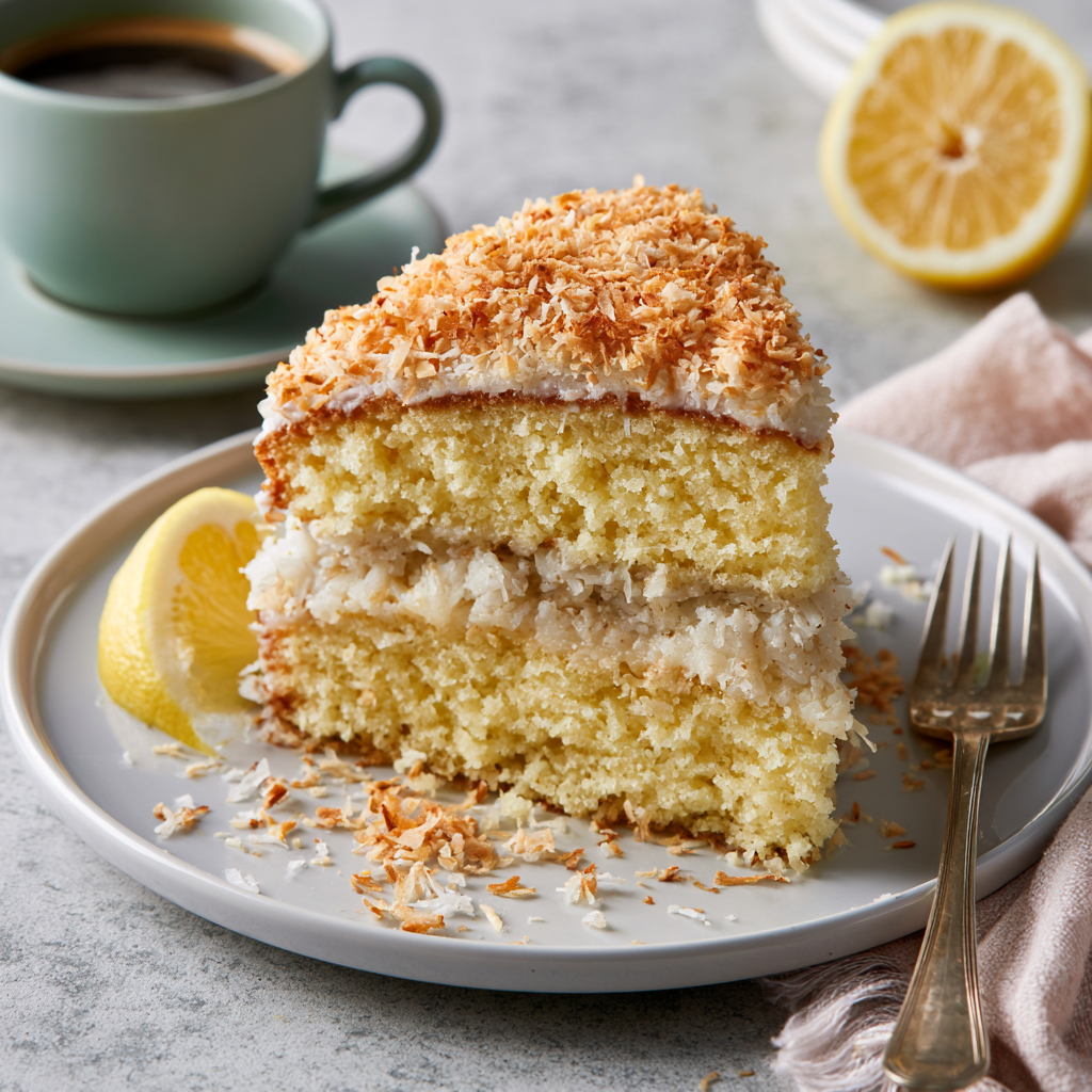 Slice of moist Portuguese Coconut Celebration Cake topped with toasted coconut and lemon zest
