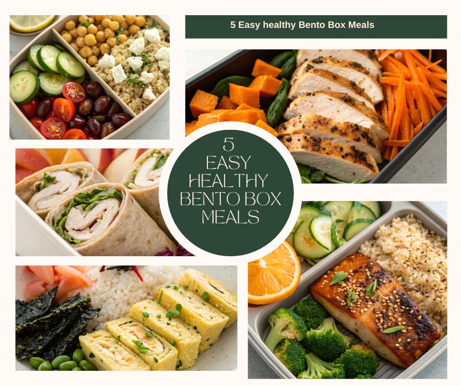 Collage of five easy healthy bento box meals showcasing teriyaki salmon, Mediterranean quinoa, chicken power bowl, tamagoyaki, and mini wraps — Easy healthy Bento Box Meals