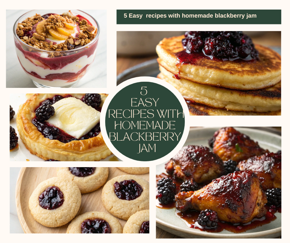 Collage of five dishes showcasing easy recipes with homemade blackberry jam — Easy recipes with homemade blackberry jam