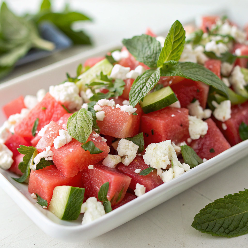 Bright featured image of Watermelon Feta Mint Salad on a white platter