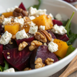 Close-up of Healthy Roasted Beet Salad textures — beet, cheese, and nuts