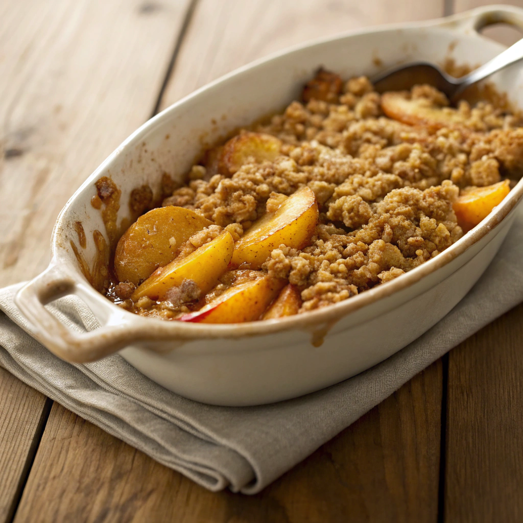 Easy peach crisp recipe in a rustic baking dish