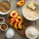 Ingredients for easy peach crisp recipe on kitchen counter