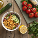 Fresh ingredients for Easy Chickpea Salad Recipes — chickpeas, cucumber, tomatoes, red onion, parsley, lemon, olive oil