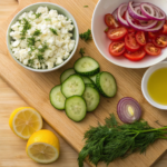 fresh ingredients for Cucumber and Feta Salads — cucumbers, crumbled feta, cherry tomatoes, red onion, and herbs