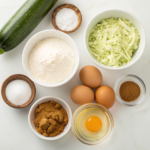 Bowl of measured ingredients for gluten free zucchini bread on a wooden counter