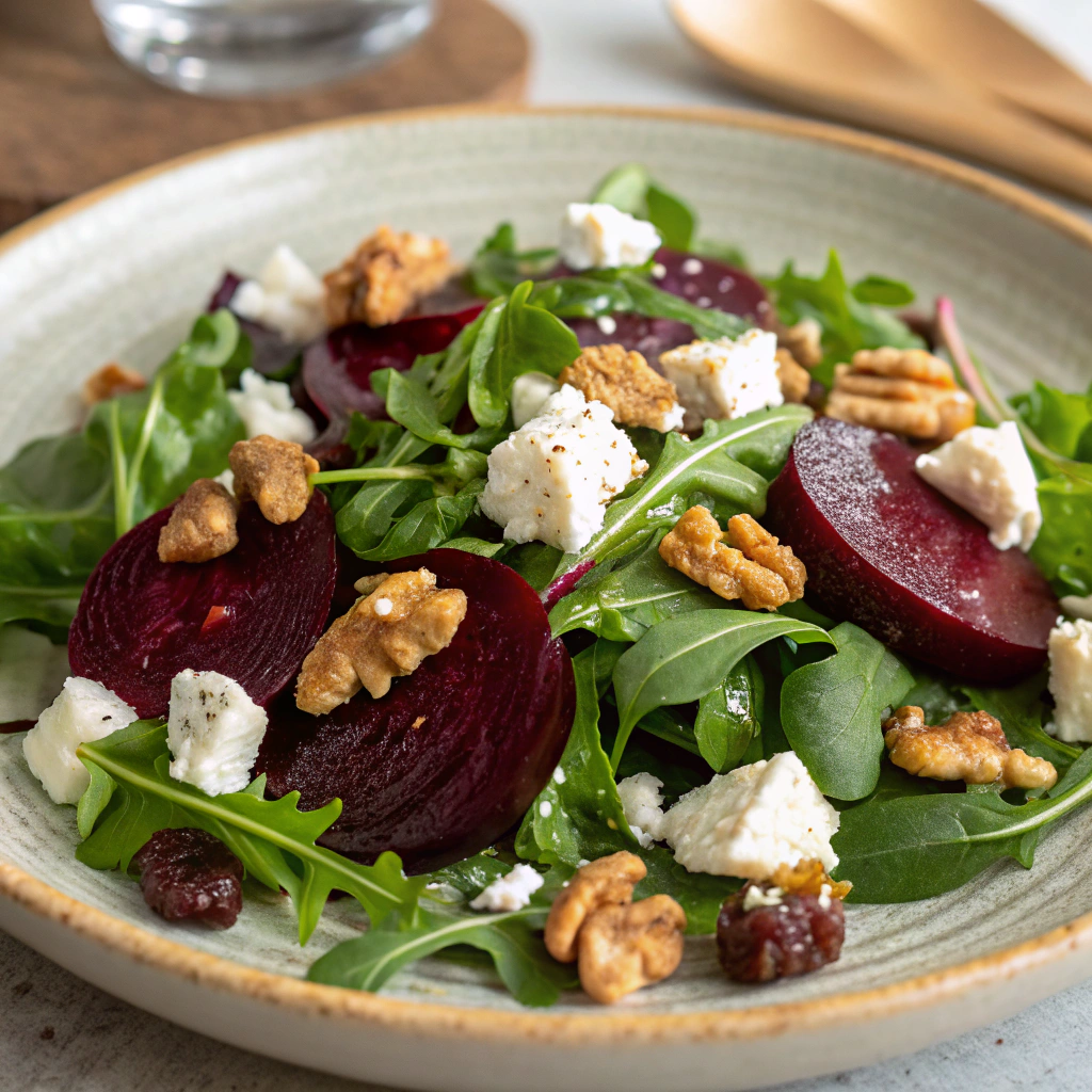 Alt text: Served Healthy Roasted Beet Salad on a plate with goat cheese and walnuts