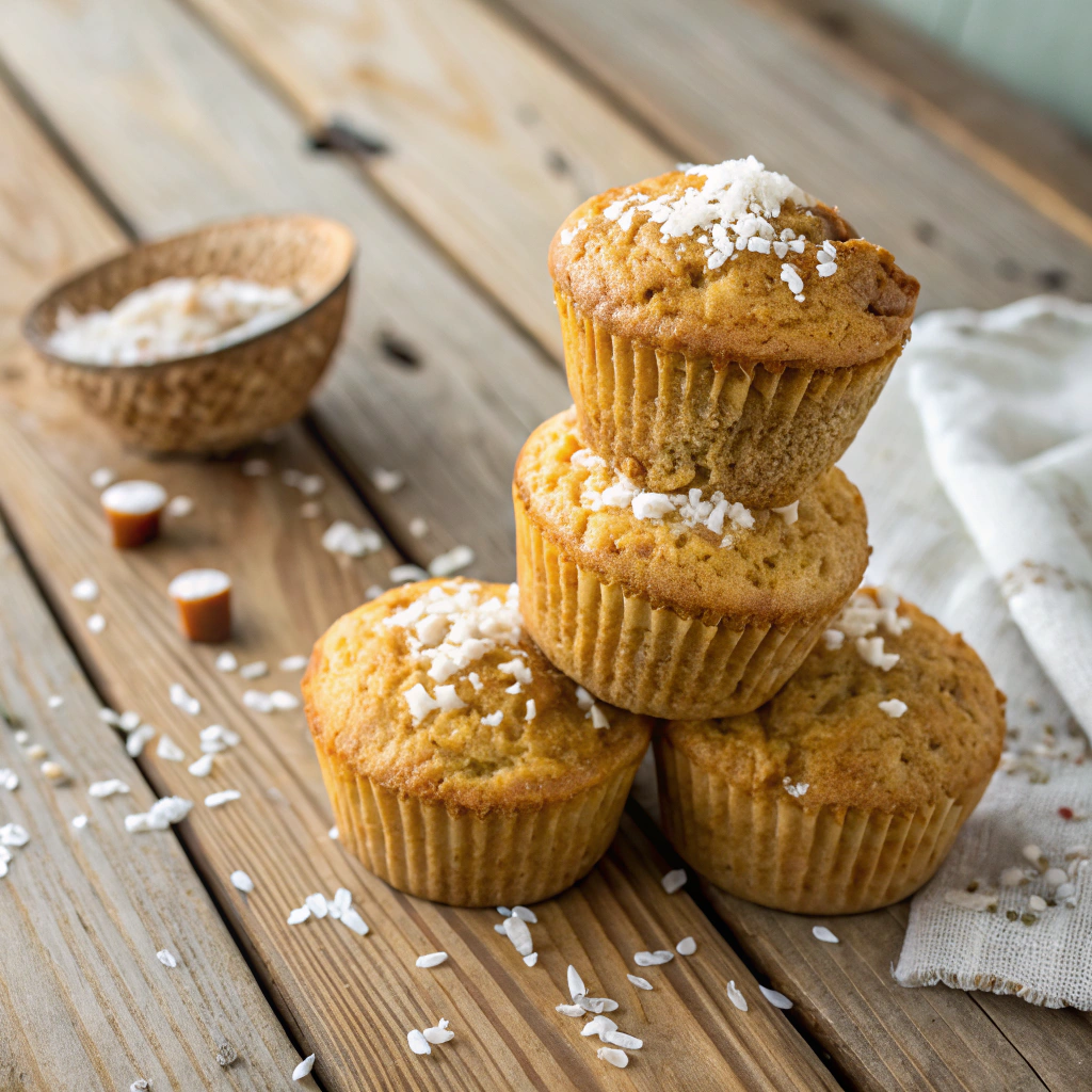 A stack of golden, freshly baked Coconut Oatmeal Muffins topped with shredded coconut on a rustic wooden table.