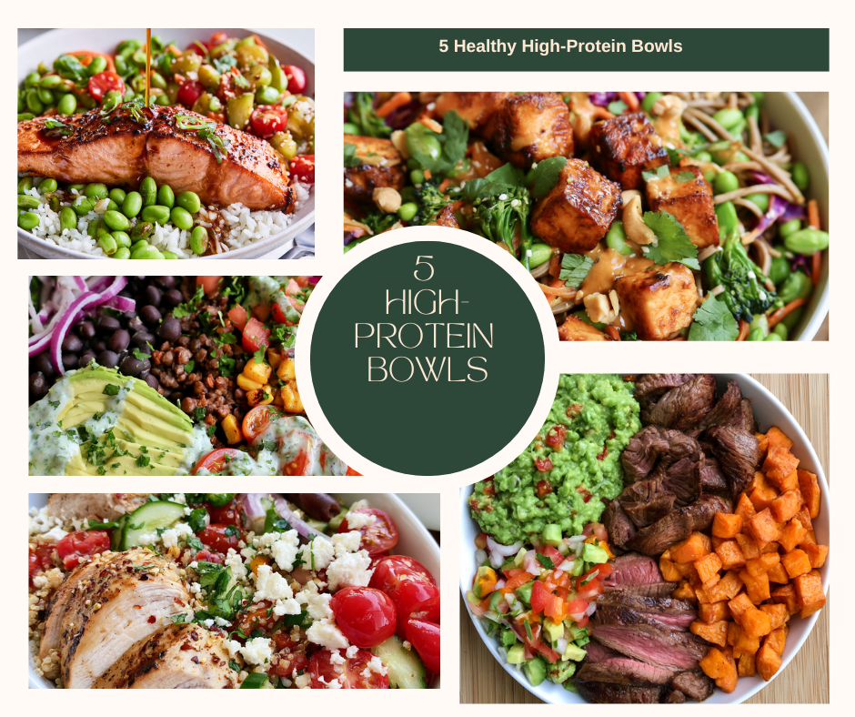A top-down view showing all 5 healthy High-Protein Bowls prepared for the week.