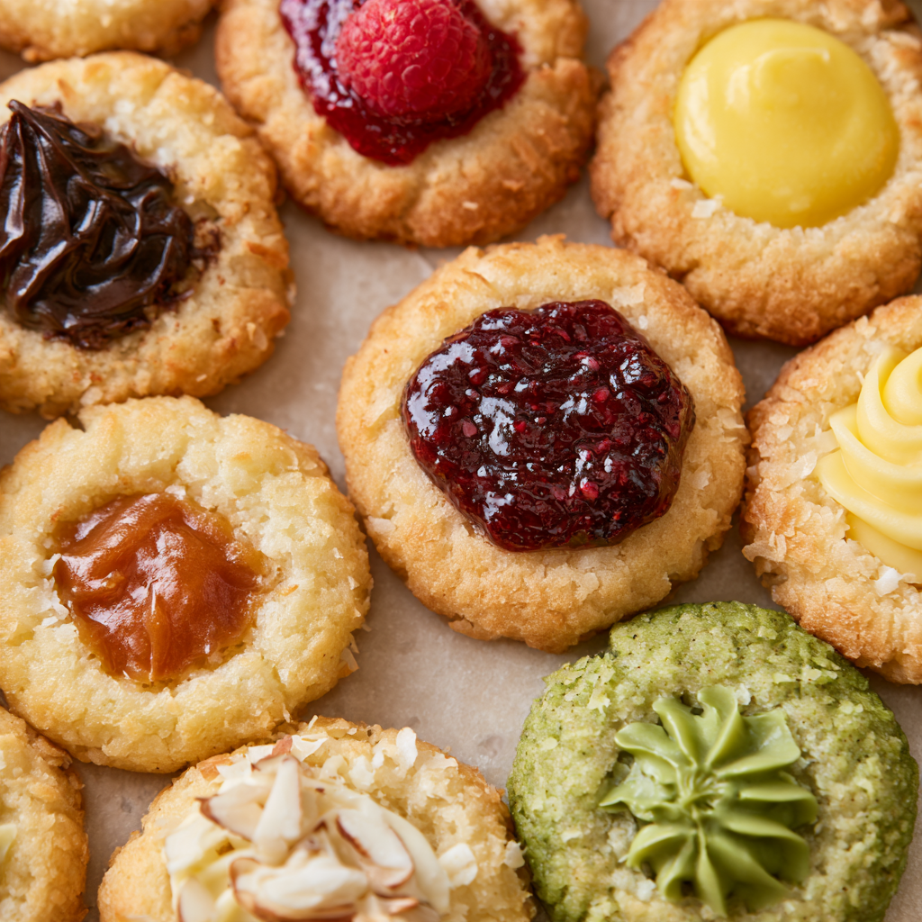 A colorful assortment of five different coconut thumbprint cookies arranged on a wooden platter.