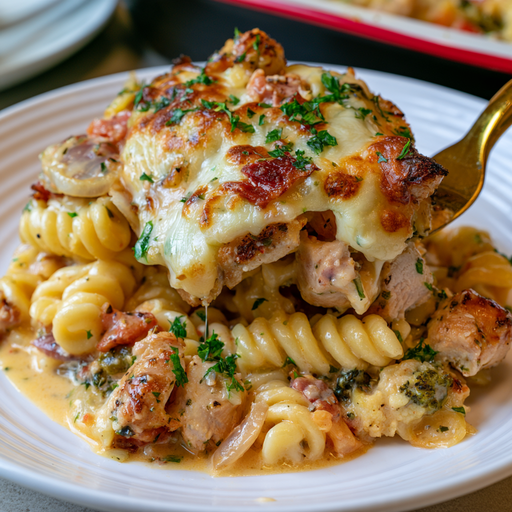 Garlic Parmesan Chicken Pasta Bake fresh from the oven in a baking dish