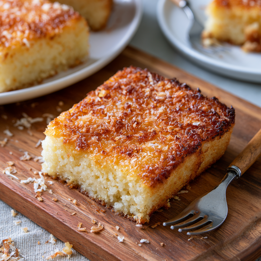 Homemade Brazilian cassava cake sliced and served on a plate.